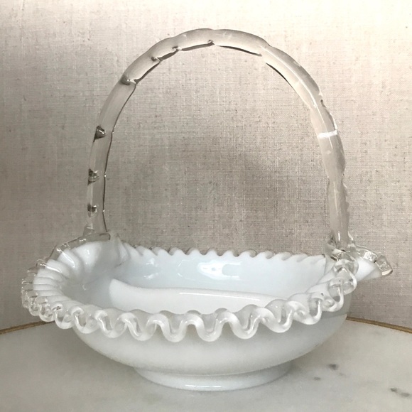 Exquisite Fenton Milk Glass Divided Bowl with Handle & Silvercrest Ruffle Rim - Picture 2 of 13